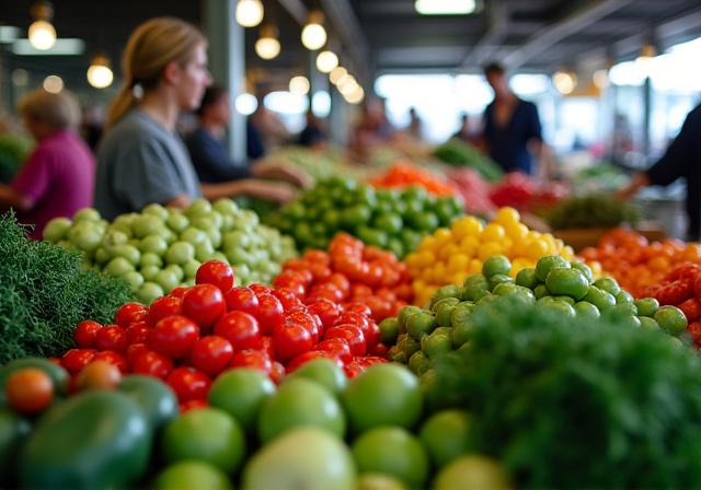 市場で新鮮な野菜を仕分ける様子