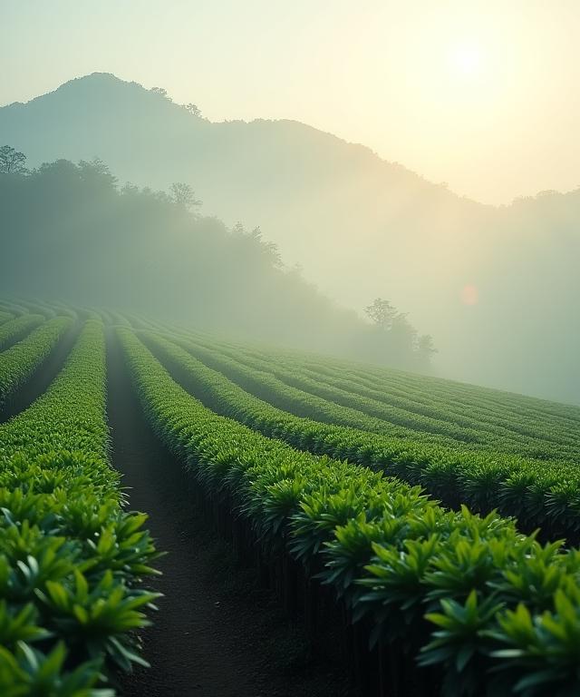 朝霧に包まれた静かな茶畑