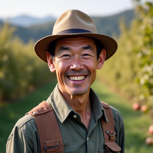 りんご畑で微笑む佐藤健一さん